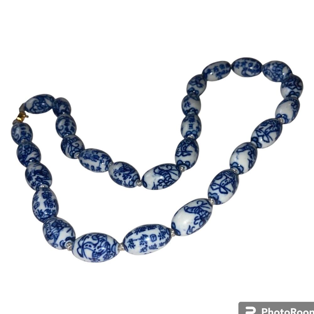 Asian Porcelain Costume Necklace 23" White Blue Beads Hand Knotted Vintage
